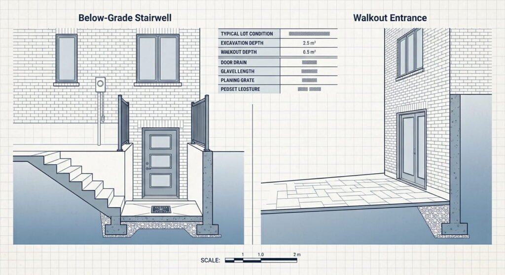 Basement walkout compared with below-grade basement stairs cross-section diagram
