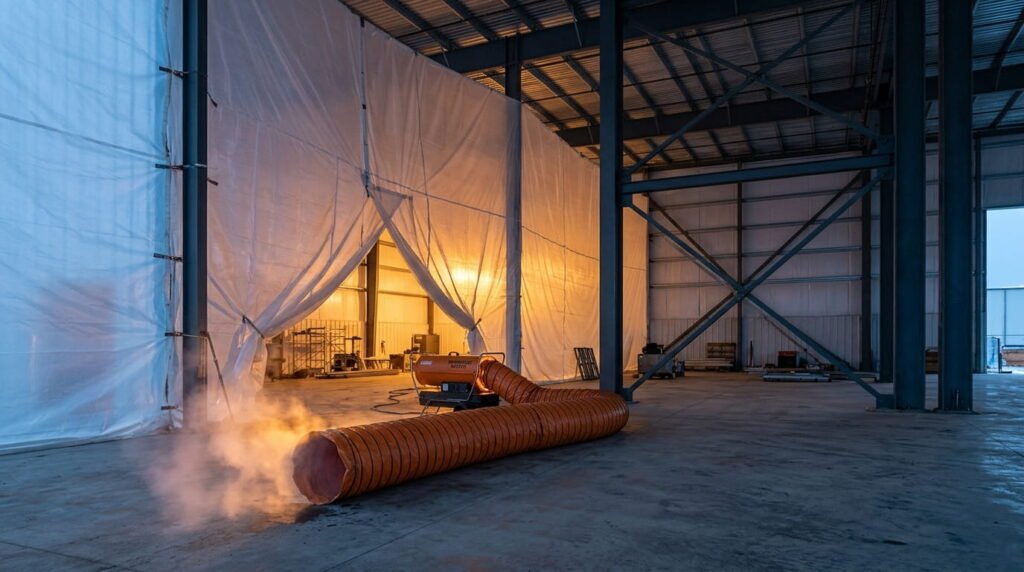 Warehouse construction enclosed with hoarding and industrial heating in winter