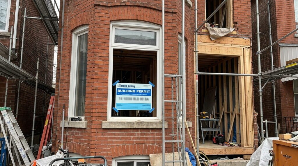 Toronto building permit posted on a house under renovation