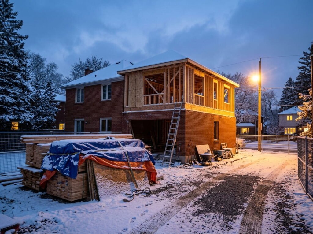 Snow-covered home addition frame on an Ontario house waiting for spring construction