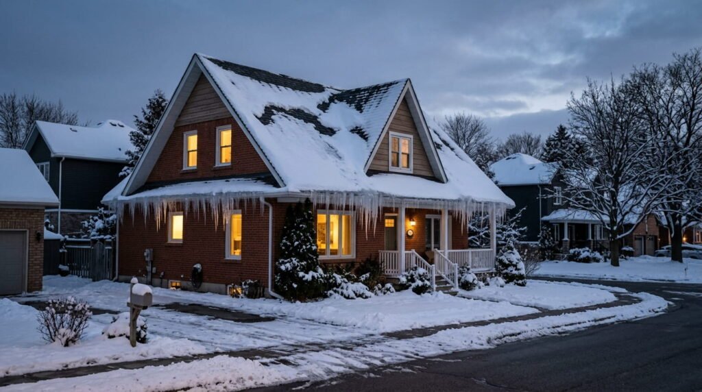 Snow-covered Ontario roof with icicles along the eaves showing winter ice dam buildup