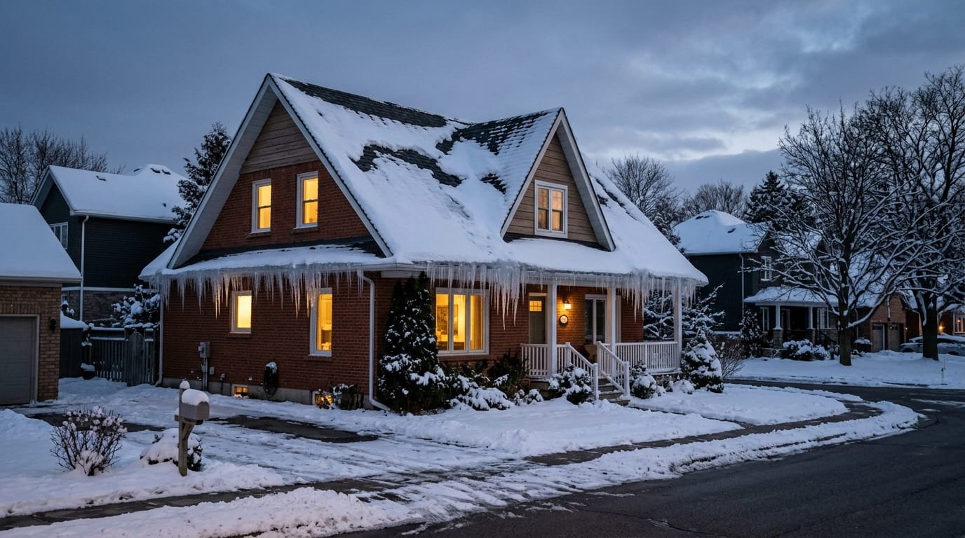 Snow-covered Ontario roof with icicles along the eaves showing winter ice dam buildup