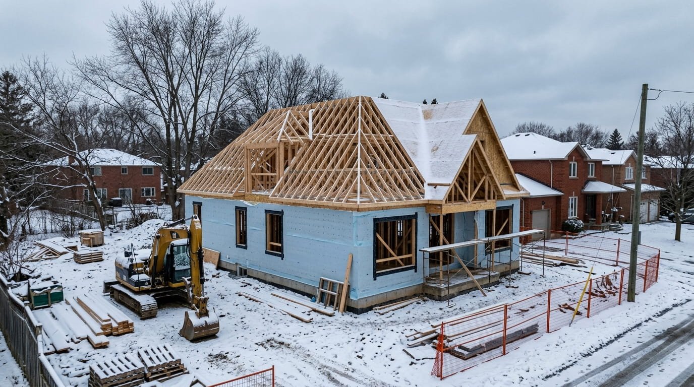 Winter construction of a custom home in Ontario with snow on the site