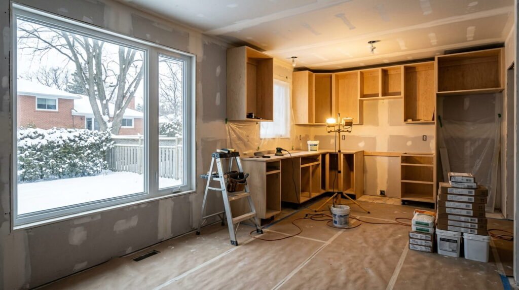 Interior kitchen renovation underway during winter in Ontario