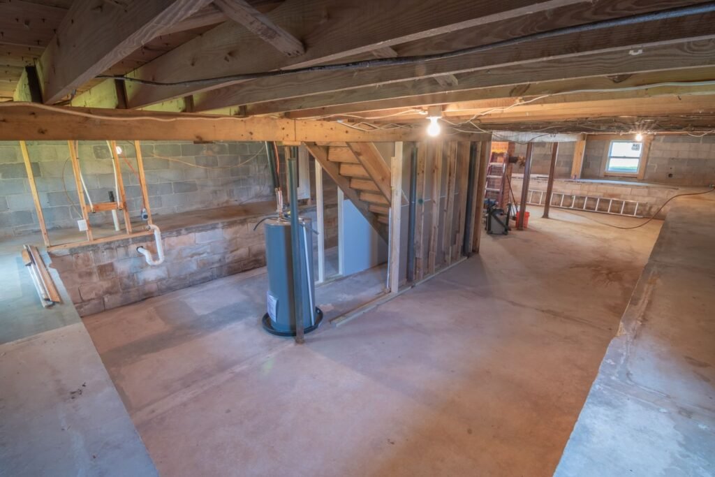 Unfinished basement with exposed beams and plumbing before renovation