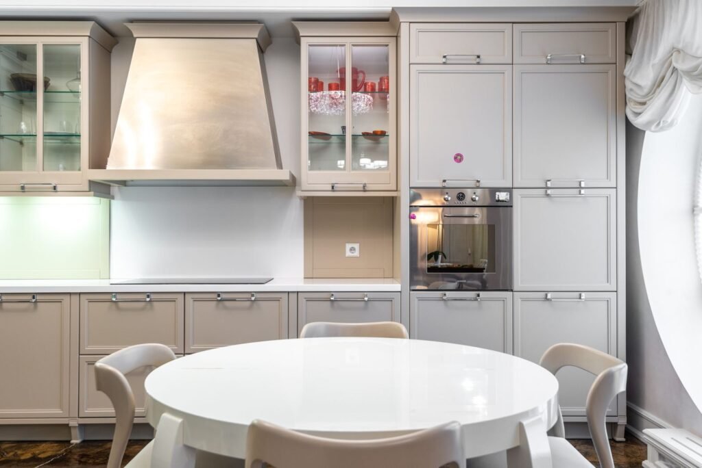 Contemporary kitchen and dining area in a custom-built home