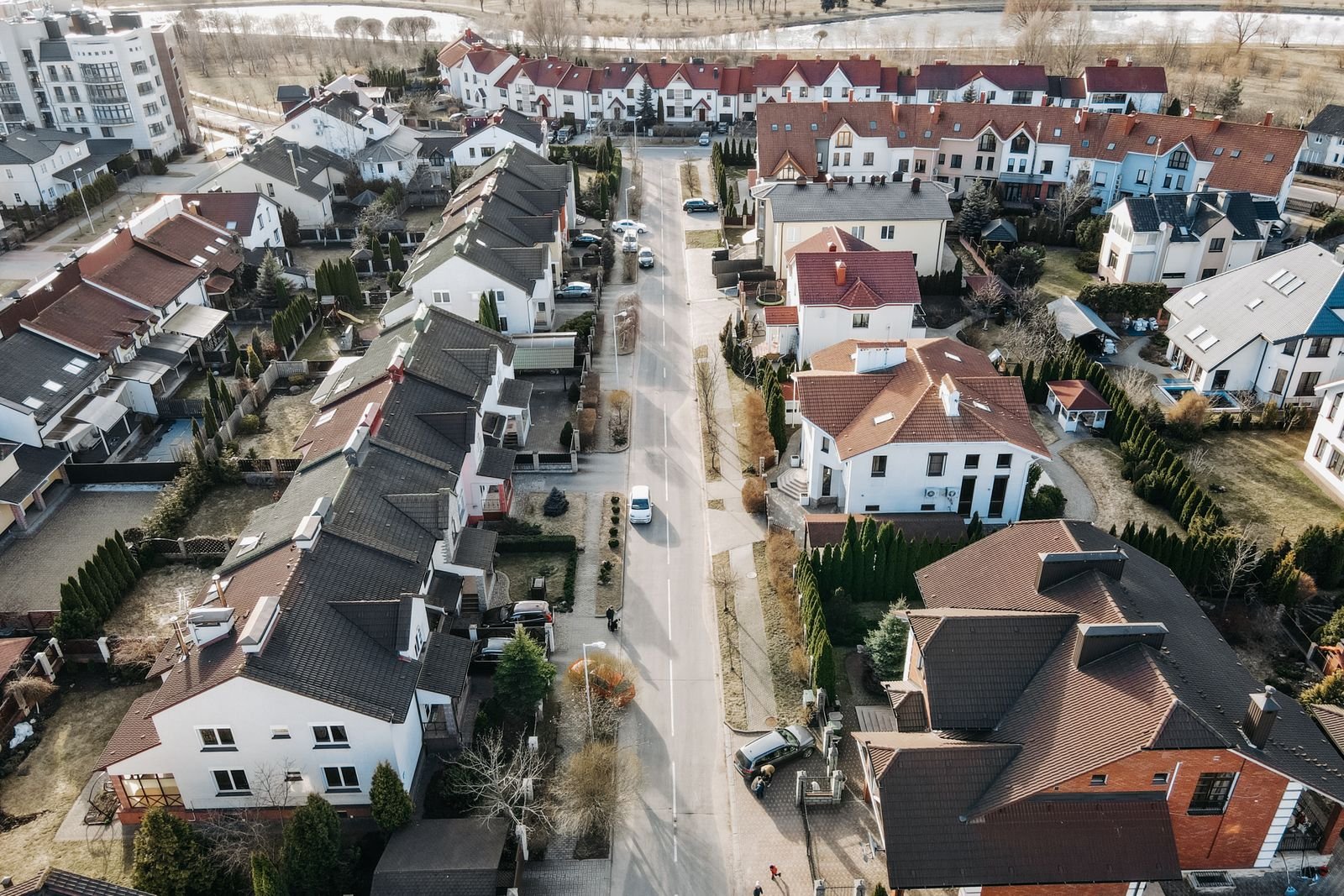 Aerial view of a suburban residential neighbourhood, showing lots and streets covered by zoning rules