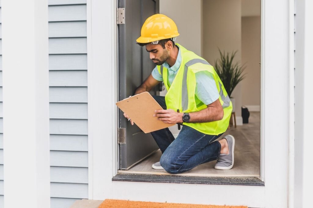Home inspector in a hard hat and safety vest checking a house before demolition